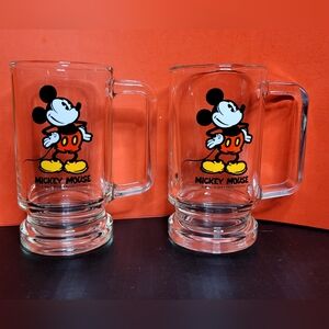 Vintage Mickey Mouse Tall Glass Mug Lot Of 2